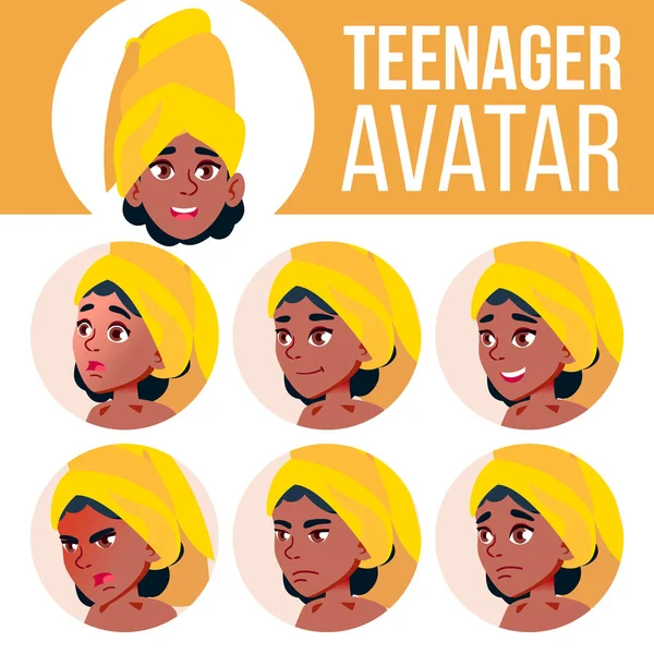 Teen Girl Avatar Set Vector. Negro. Afroamericano. Emociones faciales. Facial, gente. Positivo. Ilustración de cabeza de dibujos animados — Vector de stock