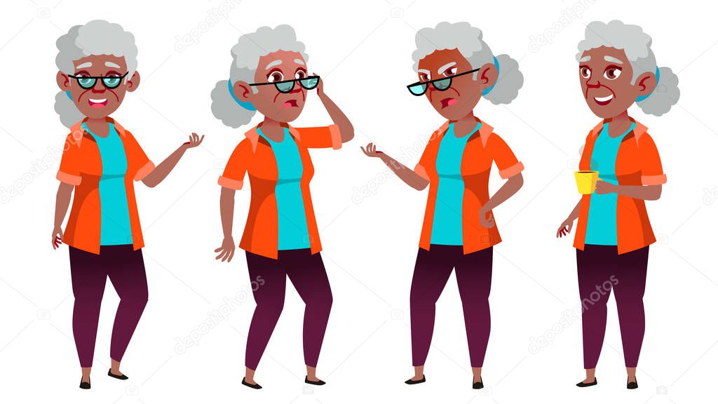 Old Woman Poses Set Vector. Black. Afro American. Elderly People. Senior Person. Aged. Friendly Grandparent. Banner, Flyer, Brochure Design. Isolated Cartoon Illustration