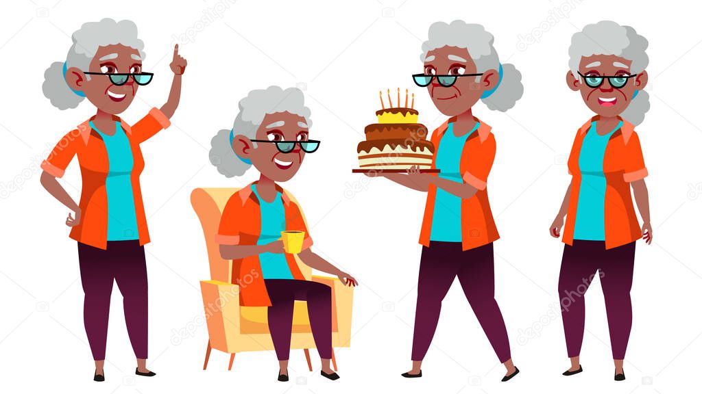 Old Woman Poses Set Vector. Black. Afro American. Elderly People. Senior Person. Aged. Caucasian Retiree. Smile. Web, Poster, Booklet Design. Isolated Cartoon Illustration