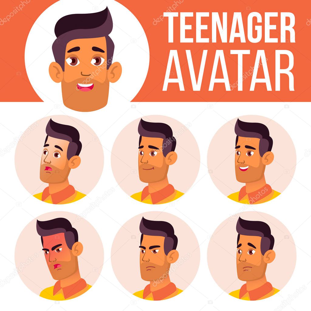 Teen Boy Avatar Set Vector. Arab, Muslim. Face Emotions. Child. Friendly. Cartoon Head Illustration