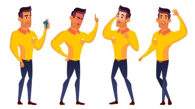 Genç çocuk Set vektör teşkil etmektedir. Arap, Müslüman. Gezi, gülümseme. Web, broşür, afiş tasarımı için. İllüstrasyon izole karikatür