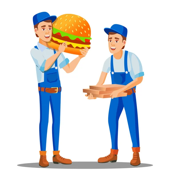 Pizza, snabbmat leverans mannen i Uniform och pizzakartonger, enorma hamburgare i Hand vektor. Isolerade Illustration — Stock vektor