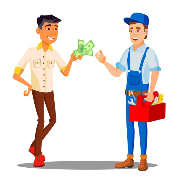 Gerente pagando dinero al reparador por el trabajo hecho Vector. Ilustración aislada — Vector de stock