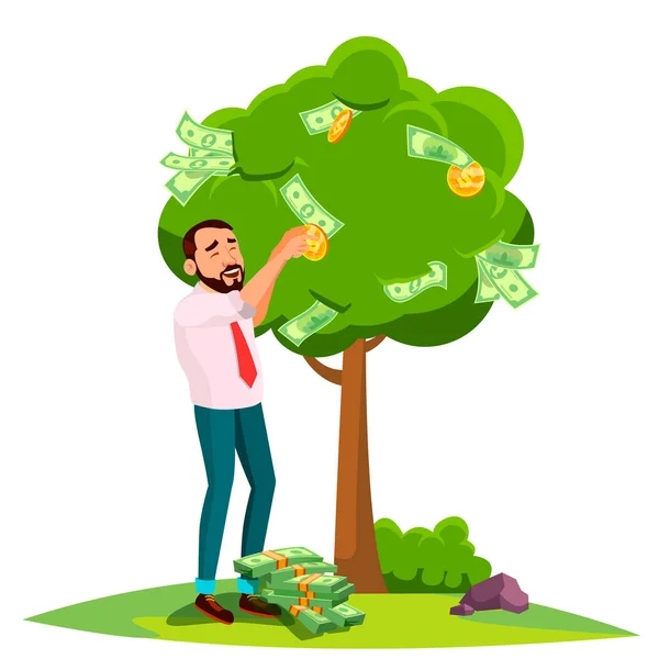 Unternehmer pflücken ein Geld von einem Baum anstelle von Blättern. Vereinzelte Illustration — Stockvektor