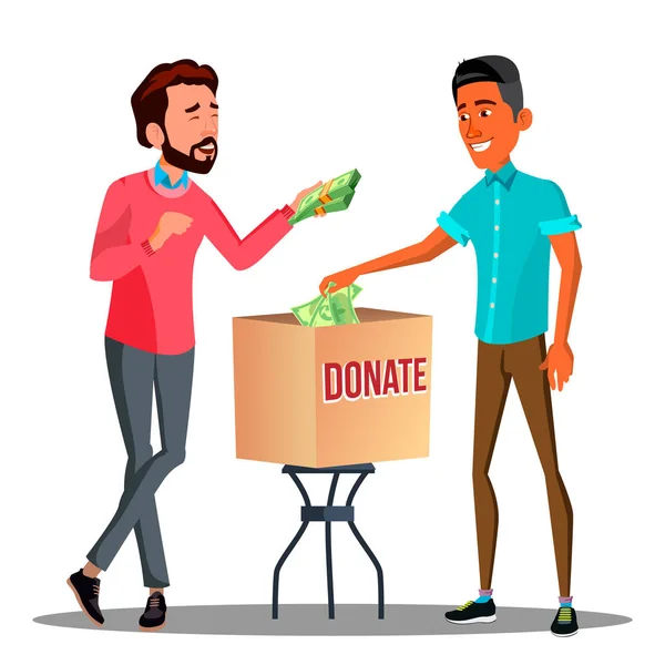 Dos hombres de negocios poniendo dinero en una caja de donaciones Vector. Ilustración aislada — Vector de stock