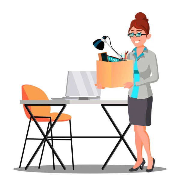 Happy Woman With Box With Things Near Table Getting A New Job Vector. Isolated Illustration — Stock Vector