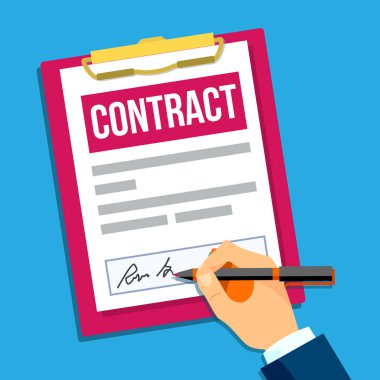 Bir sözleşme üstten görünüm vektör imzalama adam elinde. İzole illüstrasyon