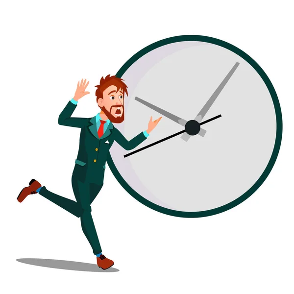 Ejecutando Empresario Con Reloj Enorme, Gestión de Tiempo, Plazo Vector. Ilustración aislada — Vector de stock