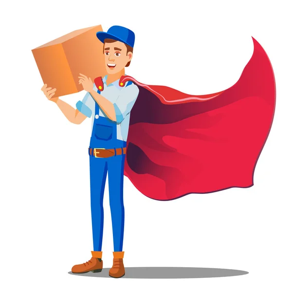 Zásilková služba, muž v uniformě a plášť superhrdina s krabičkou v ruce vektoru. Izolované ilustrace — Stockový vektor
