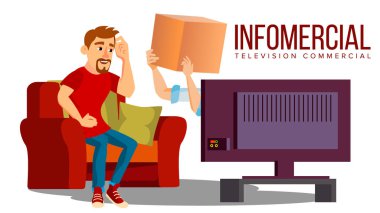 Infomercial, salonu kanepe, Tv ve teslimat eller vektör önünde kanepede oturan adam. İzole illüstrasyon