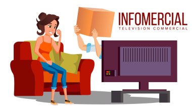 Infomercial, kanepe, Tv ve teslimat eller vektör önünde kanepede oturan kadın dükkanı. İzole illüstrasyon