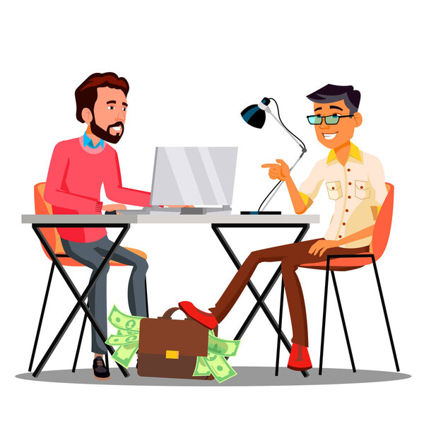 Бизнесмен передает сумку с деньгами под столом другому вектору бизнесмена. Изолированная иллюстрация
