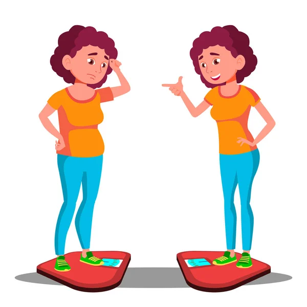 Sad Young Fat Girl On The Scales, Happy Slim Girl On The Scales Vector. Before, After Diet. Isolated Illustration — Stock Vector