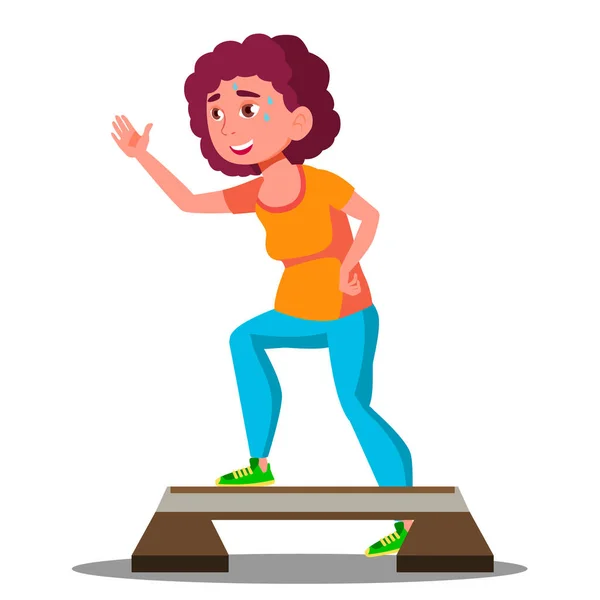 Giovane donna di idoneità che fa gli esercizi sul vettore passo-passo. Illustrazione isolata — Vettoriale Stock