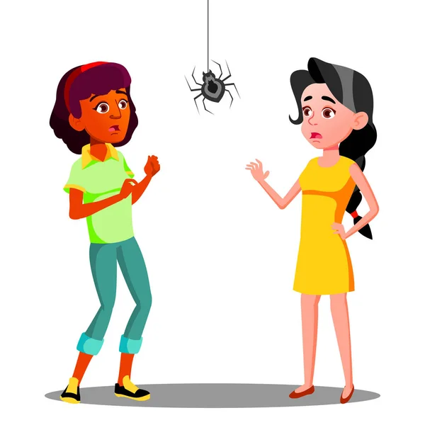 Meninas adolescentes assustadas com aranha na parede Vector. Ilustração isolada — Vetor de Stock