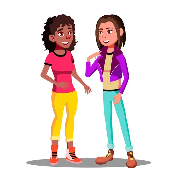 Girls Actively Discuss With Gestures Vector. Isolated Illustration — Stock Vector