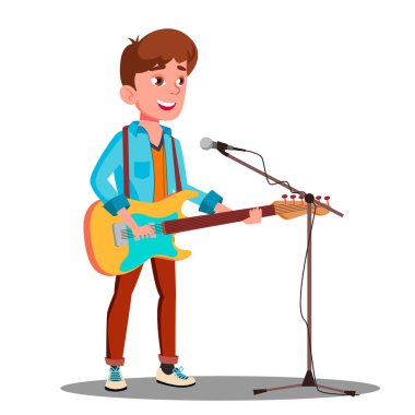 Genç yakışıklı adam şarkı sahne vektör üzerinde mikrofon içine. İzole illüstrasyon