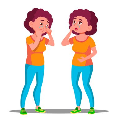 Yüz vektör ellerde ile genç kız ağlıyor. İzole illüstrasyon