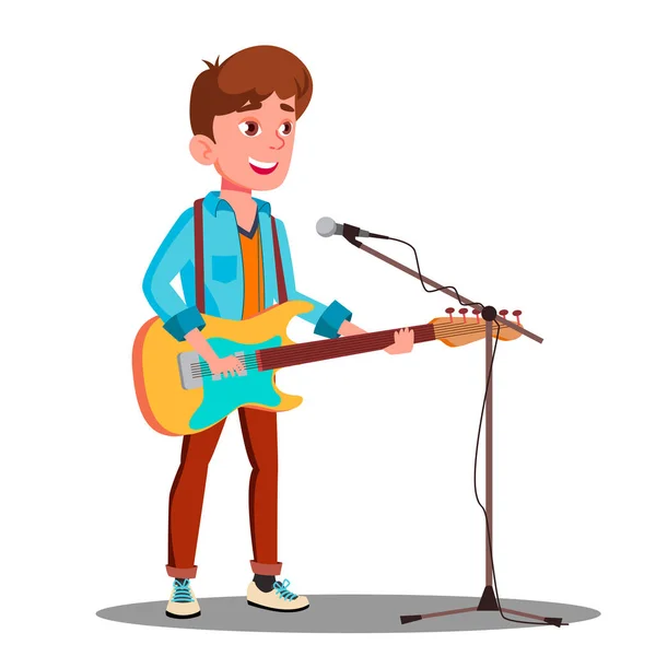 Junger gutaussehender Typ, der auf der Bühne ins Mikrofon singt. Vereinzelte Illustration — Stockvektor
