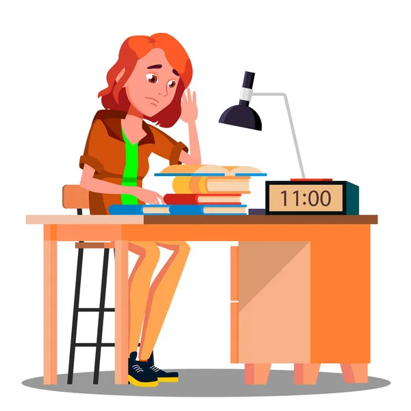 Κουρασμένος κορίτσι στο τραπέζι με λάμπα και βιβλίο διάνυσμα. Απομονωμένη εικονογράφηση — Διανυσματικό Αρχείο