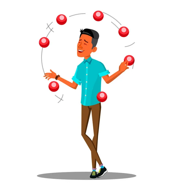 Mladý muž, žonglování s barevnými kuličkami vektoru. Izolované ilustrace — Stockový vektor