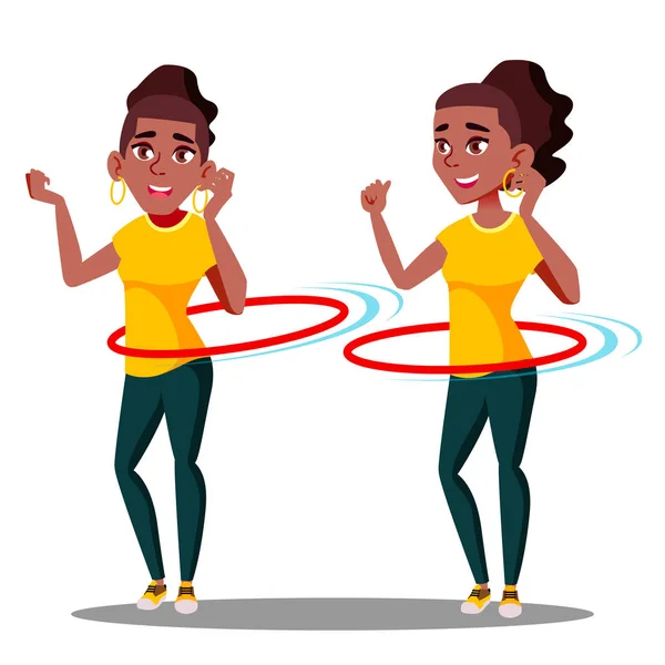 Young Athletic Black Afro American Girl Rotates Hula Hoop Vector. Isolated Illustration — Stock Vector