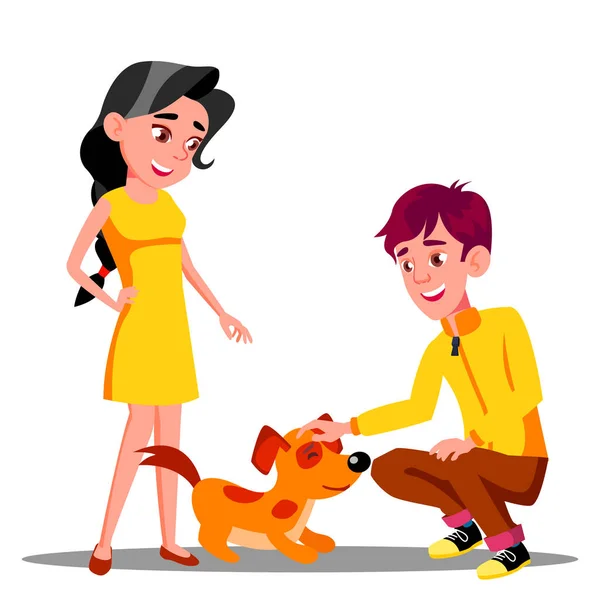 Adolescente acariciando al perro en el vector del parque. Ilustración aislada — Vector de stock