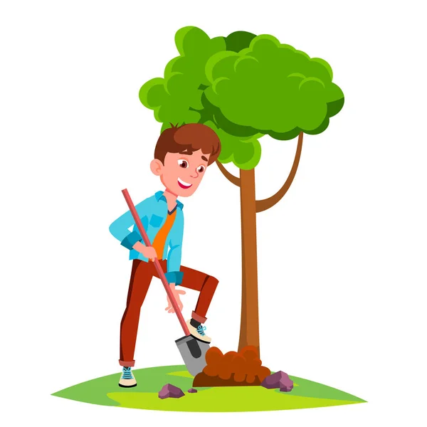 Tiener jongen Plant A Tree Vector. Geïsoleerde illustratie — Stockvector