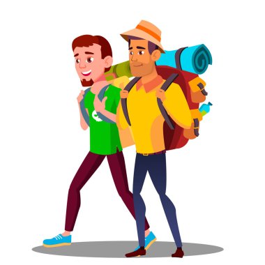 İki arkadaş Teen ile sırt çantaları vektör Hiking olacak adam. İzole illüstrasyon