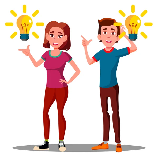 New Idea, Happy Teenager Guy, Girl With Bulb Over Head Vector. Isolated Illustration — Stock Vector