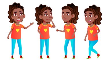 Kız kız öğrenci çocuk Set vektör teşkil etmektedir. Siyah. Afro Amerikalı. Lise çocuk. Sınıf arkadaşı. Hayat, duygusal, poz. Tanıtım, baskı, davetiye tasarım için. İllüstrasyon izole karikatür