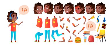 Kız kız öğrenci çocuk vektör. Lise çocuk. Animasyon oluşturma küme. Duygular, hareketleri karşısında. Siyah. Afro Amerikalı. Etkin, sevinç, el ilanı broşür tasarım animasyonlu illüstrasyon