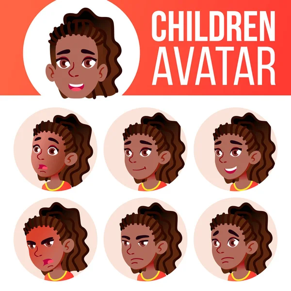 Dívka Avatar Set Kid vektor. Černá. Afro americký. Střední škola. Tvář emoce. Obličeje, lidi. Aktivní, Joy. Kreslený obrázek hlavy — Stockový vektor