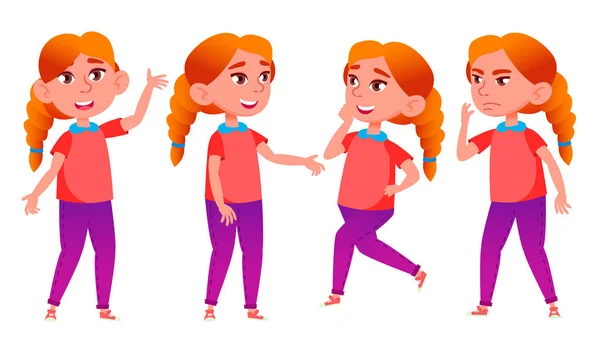 Girl Schoolgirl Kid Poses Set Vector. High School Child. Redhead. Child Pupil. University, Graduate, Class. For Postcard, Cover, Placard Design. Isolated Cartoon Illustration — Stock Vector