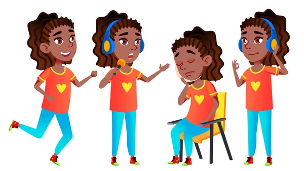 Chica colegiala niño posa conjunto de vectores. Negro. Afroamericano. Niño de secundaria. Niño de la escuela. Divertido, Amistad, Felicidad Disfrutar. Para Banner, Flyer, Diseño Web. Ilustración de dibujos animados aislados — Archivo Imágenes Vectoriales