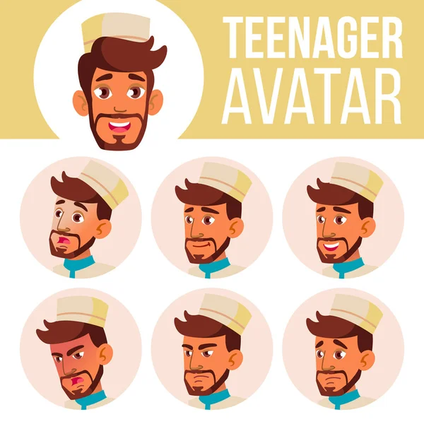 十代の少年アバター セット ベクトル。アラブ、イスラム教徒。顔の感情。ユーザーは、文字。応援、かなり。漫画の頭の図 — ストックベクタ