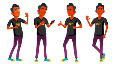 Genç çocuk Set vektör teşkil etmektedir. Hint, Hindu. Asya. Duygusal, poz. Reklam, afiş, baskı tasarımı için. İllüstrasyon izole karikatür