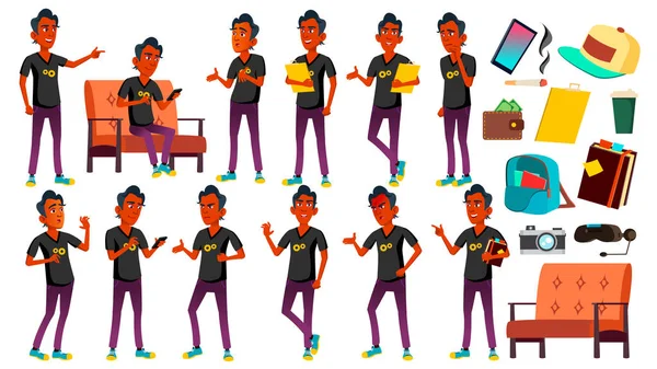 Teen Boy Poses Set Vector (em inglês). Índio, hindu. Asiática. Amigável, Cheer. Para Banner, Flyer, Brochure Design. Ilustração de desenhos animados isolados — Vetor de Stock