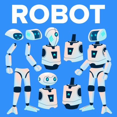 Robot vektör. Animasyon oluşturma küme. Modern Robot yardımcı. Kafa, yüz, hareketler. Animasyonlu yapay zeka. Afiş, el ilanı, Web tasarımı için. İnsansı karakter. İzole illüstrasyon