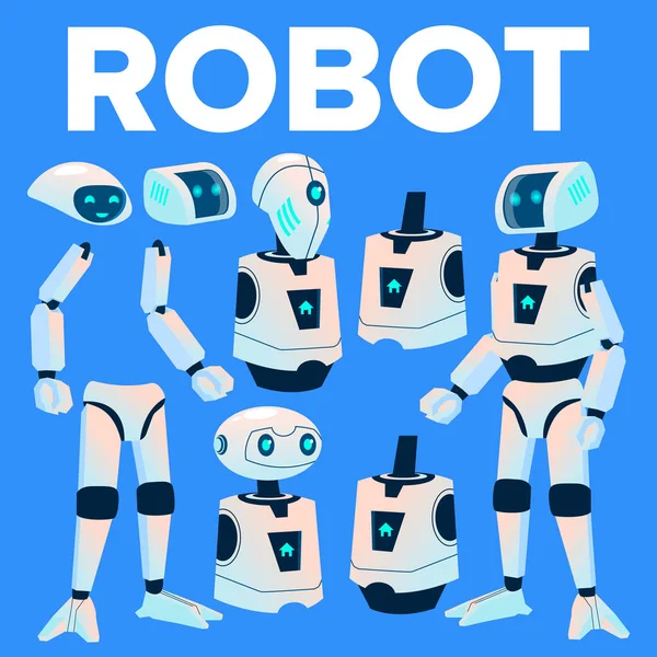 Robot-Vector. Animatie maken Set. Moderne Robot Helper. Hoofd, gezicht, de gebaren. Geanimeerde kunstmatige intelligentie. Voor Banner, Flyer, webdesign. Humanoïde karakter. Geïsoleerde illustratie — Stockvector