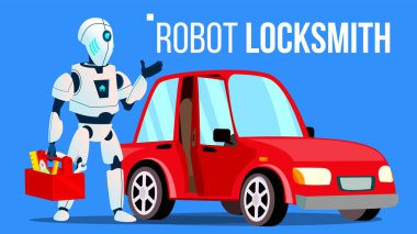Bir araba vektör tamir robot çilingir. İzole illüstrasyon