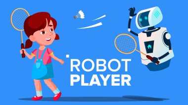 Robot çocuk kız vektör ile badminton oynamaya. İzole illüstrasyon