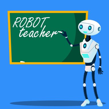 Blackboard vektör robot öğretmen yazıyor. İzole illüstrasyon