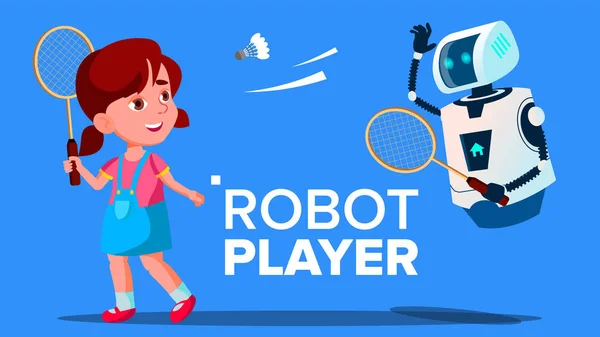 Robot jugando al bádminton con un vector de niña. Ilustración aislada — Vector de stock