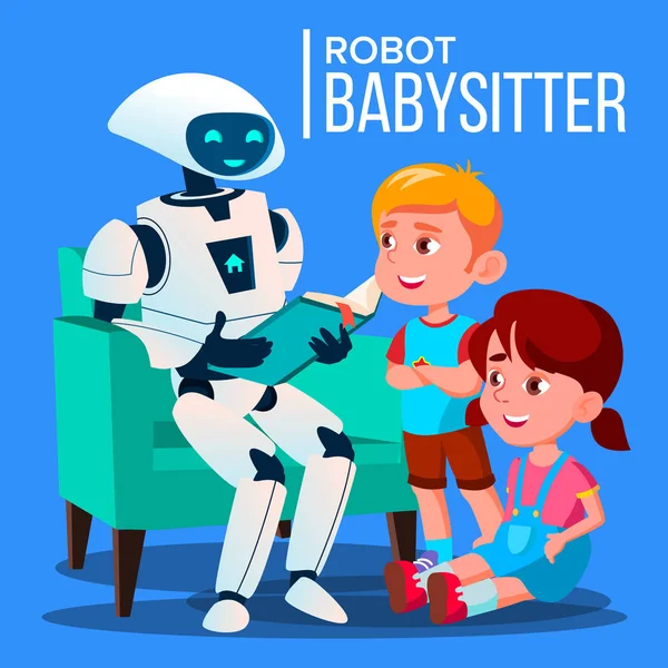 Roboter Babysitter Der Dem Kind Auf Dem Sofa Ein Buch — Stockvektor