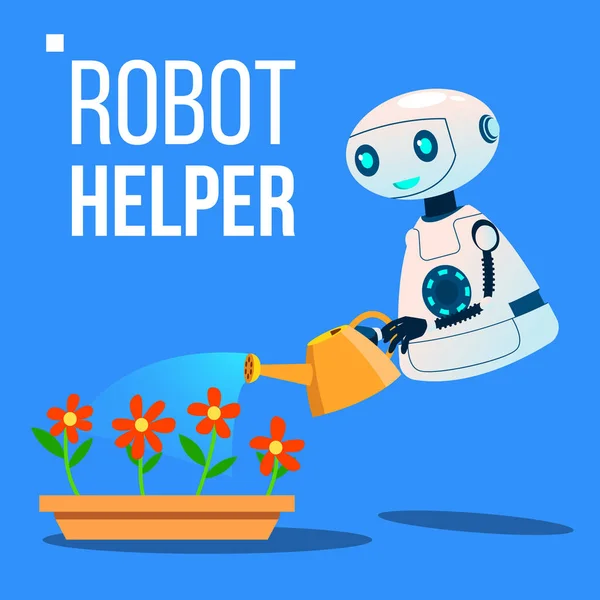 Roboter-Helfer gießen Blumen im Garten Vektor. Vereinzelte Illustration — Stockvektor