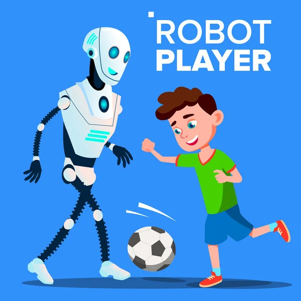 Roboter beim Fußballspielen mit einem Jungen. Vereinzelte Illustration — Stockvektor