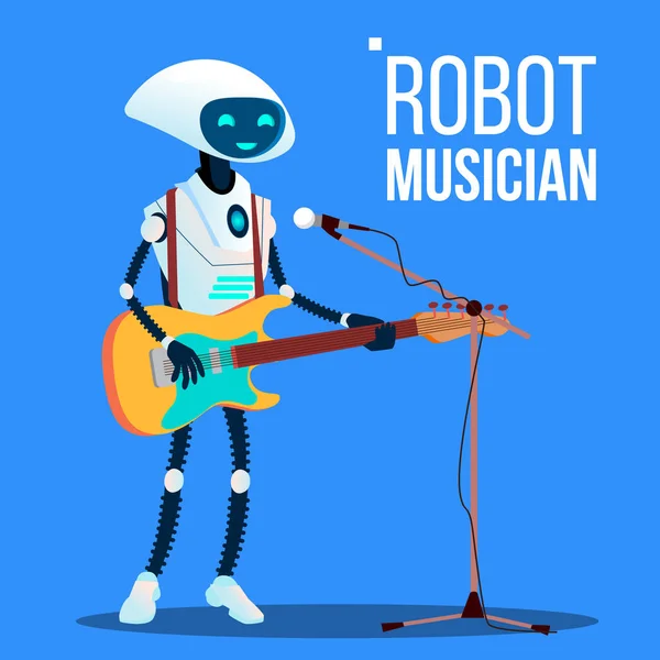 Robot músico tocando la guitarra y cantando en el micrófono del vector. Ilustración aislada — Vector de stock
