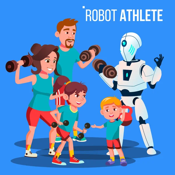 Roboter Athlet Personal Fitness Trainer mit Hanteln Vektor. Vereinzelte Illustration — Stockvektor