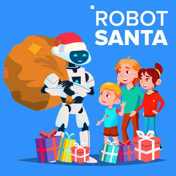 Robot en Santa Claus sombrero y regalos con los niños Vector. Ilustración aislada — Vector de stock